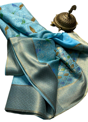 Pure Brocade Mysore Silk Sarees, Jacquard Blouse, Parrots Design, Blue Saree 