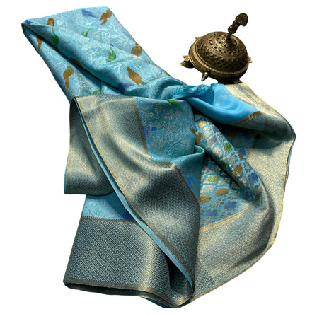 Pure Brocade Mysore Silk Sarees, Jacquard Blouse, Parrots Design, Blue Saree 