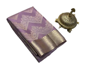 Pure Brocade Mysore Silk Sarees, Zari Weaving, Rich Pallu, Jacquard Blouse, Gold Zari, Lavender Saree 