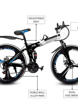 QUESEC BMV Foldable Bike 21-Speed Gears for Urban Commuters - Cycle for Adults, Gear Cycle for Boys Dual Disc Brakes Hydraulic Suspension Strong Carbon Steel Frame Bicycle for Men Adult and Teens 