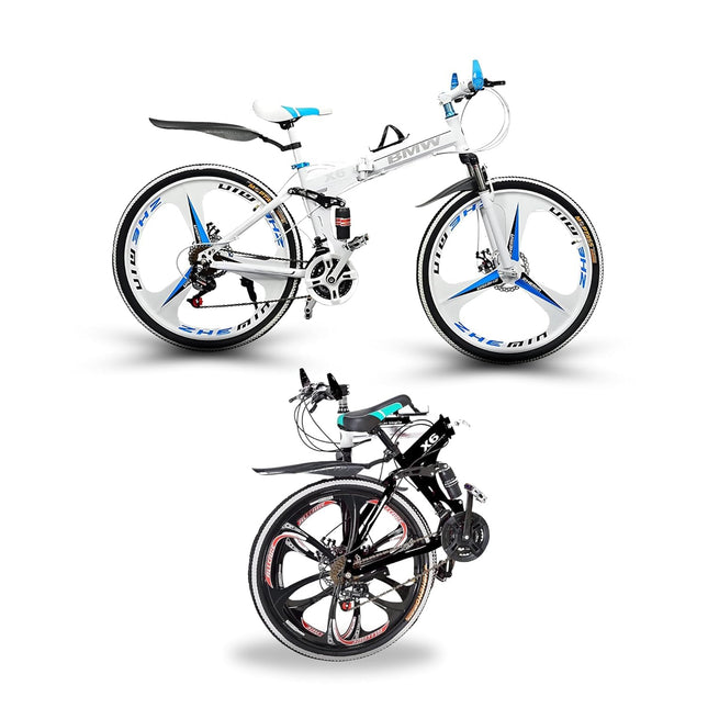 QUESEC BMV Foldable Cycle for Men | 26-Inch MTB Mountain Bicycle with 21-Speed Gears, Dual Disc Brakes, Hydraulic Suspension, Alloy Mag Wheels | Folding Sports Bike for Adults (White) 