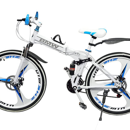 QUESEC BMV Foldable Cycle for Men | 26-Inch MTB Mountain Bicycle with 21-Speed Gears, Dual Disc Brakes, Hydraulic Suspension, Alloy Mag Wheels | Folding Sports Bike for Adults (White) 