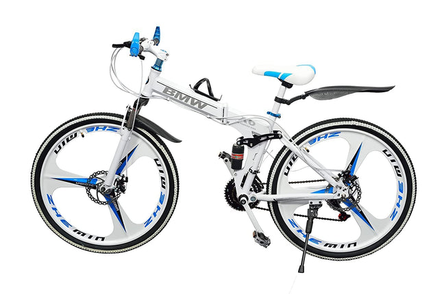 QUESEC BMV Foldable Cycle for Men | 26-Inch MTB Mountain Bicycle with 21-Speed Gears, Dual Disc Brakes, Hydraulic Suspension, Alloy Mag Wheels | Folding Sports Bike for Adults (White) 