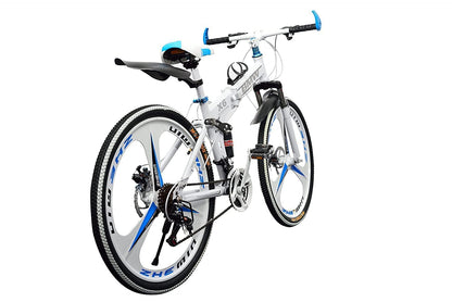QUESEC BMV Foldable Cycle for Men | 26-Inch MTB Mountain Bicycle with 21-Speed Gears, Dual Disc Brakes, Hydraulic Suspension, Alloy Mag Wheels | Folding Sports Bike for Adults (White) 