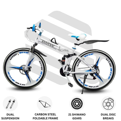 QUESEC BMV Foldable Cycle for Men | 26-Inch MTB Mountain Bicycle with 21-Speed Gears, Dual Disc Brakes, Hydraulic Suspension, Alloy Mag Wheels | Folding Sports Bike for Adults (White) 