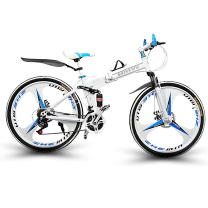 QUESEC BMV Foldable Cycle for Men | 26-Inch MTB Mountain Bicycle with 21-Speed Gears, Dual Disc Brakes, Hydraulic Suspension, Alloy Mag Wheels | Folding Sports Bike for Adults (White) 