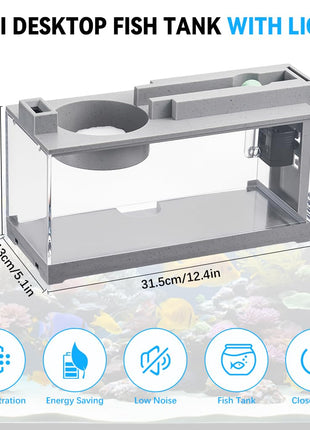 Qpets® Small Fish Tank for Betta Fish with LED Light & Air Pump | USB Powered Desktop Aquarium | Hydroponics Pot | Stylish Home Office Decor (31.5×13×16.5cm) 