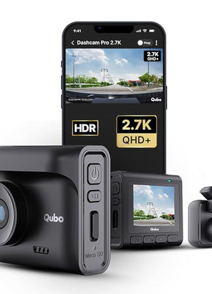 Qubo Car Dashcam Pro 2.7K | Dual Channel | Hero Group | NightPulse Vision | 5MP QHD+ Front (140°), 2MP FHD Rear | G-Sensor | 2" LCD | Built-in GPS, Wi-Fi, Mic | App | Up to 1TB Storage| Made in India 