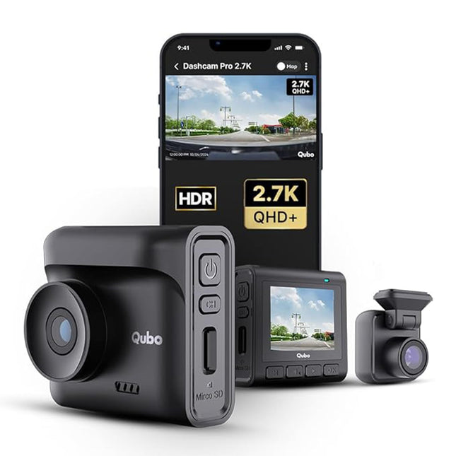 Qubo Car Dashcam Pro 2.7K | Dual Channel | Hero Group | NightPulse Vision | 5MP QHD+ Front (140°), 2MP FHD Rear | G-Sensor | 2" LCD | Built-in GPS, Wi-Fi, Mic | App | Up to 1TB Storage| Made in India 