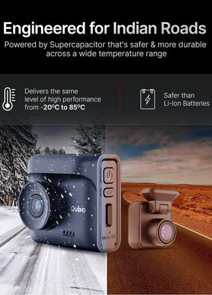 Qubo Car Dashcam Pro 2.7K | Dual Channel | Hero Group | NightPulse Vision | 5MP QHD+ Front (140°), 2MP FHD Rear | G-Sensor | 2" LCD | Built-in GPS, Wi-Fi, Mic | App | Up to 1TB Storage| Made in India 