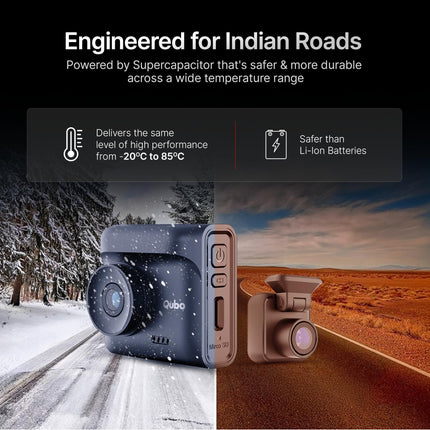 Qubo Car Dashcam Pro 2.7K | Dual Channel | Hero Group | NightPulse Vision | 5MP QHD+ Front (140°), 2MP FHD Rear | G-Sensor | 2" LCD | Built-in GPS, Wi-Fi, Mic | App | Up to 1TB Storage| Made in India 