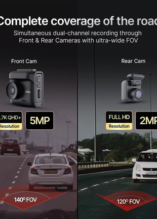 Qubo Car Dashcam Pro 2.7K | Dual Channel | Hero Group | NightPulse Vision | 5MP QHD+ Front (140°), 2MP FHD Rear | G-Sensor | 2" LCD | Built-in GPS, Wi-Fi, Mic | App | Up to 1TB Storage| Made in India 