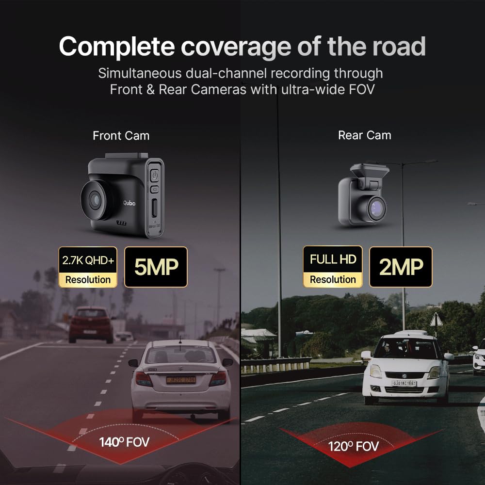 Qubo Car Dashcam Pro 2.7K | Dual Channel | Hero Group | NightPulse Vision | 5MP QHD+ Front (140°), 2MP FHD Rear | G-Sensor | 2" LCD | Built-in GPS, Wi-Fi, Mic | App | Up to 1TB Storage| Made in India 