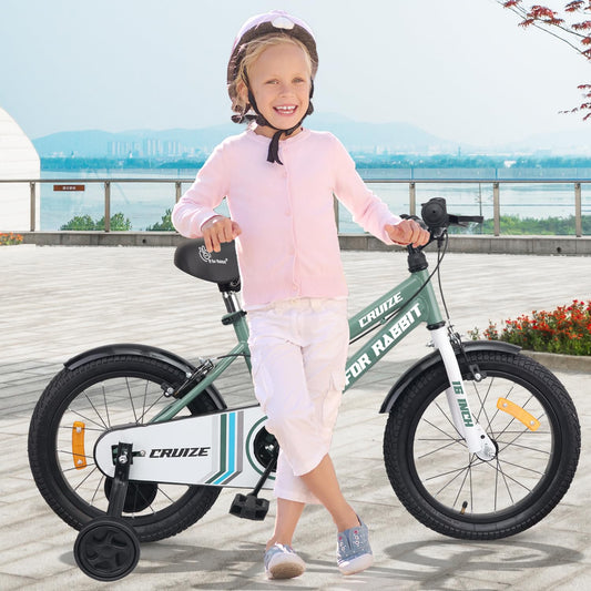R for Rabbit Cruize Bicycle for Kids 16T Inch Cycle with Training Wheels for 4 to 7 Years Baby Boys & Girls of Upto 40 Kgs Weight Capacity - 90% Installed (Olive Green),Rigid 