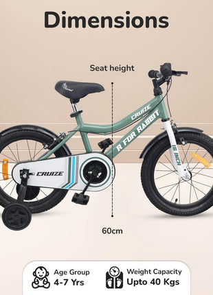 R for Rabbit Cruize Bicycle for Kids 16T Inch Cycle with Training Wheels for 4 to 7 Years Baby Boys & Girls of Upto 40 Kgs Weight Capacity - 90% Installed (Olive Green),Rigid 