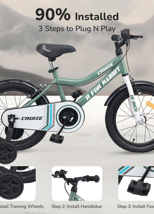 R for Rabbit Cruize Bicycle for Kids 16T Inch Cycle with Training Wheels for 4 to 7 Years Baby Boys & Girls of Upto 40 Kgs Weight Capacity - 90% Installed (Olive Green),Rigid 