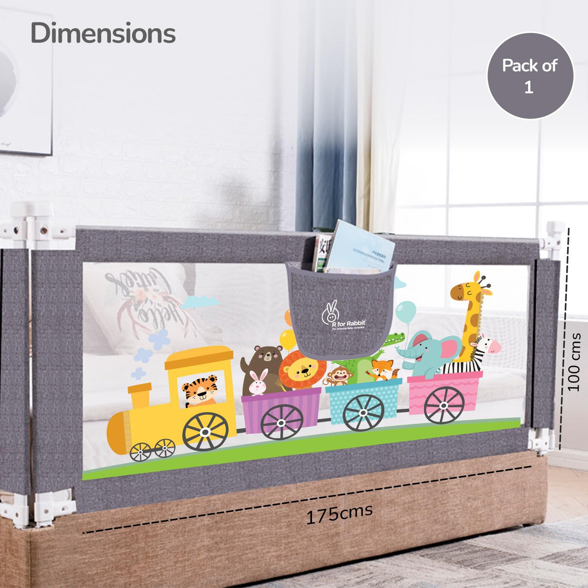 R for Rabbit Safari Baby Bed Rail, (Pack of 1) One Side Bed Protector 177 x 100 cm, Anti-Fall Safeguard Toddler Safety, Adjustable Height & Foldable with Storage Pocket for Kids 5.8 x 3 ft(Grey) 