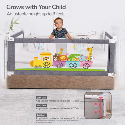 R for Rabbit Safari Baby Bed Rail, (Pack of 1) One Side Bed Protector 177 x 100 cm, Anti-Fall Safeguard Toddler Safety, Adjustable Height & Foldable with Storage Pocket for Kids 5.8 x 3 ft(Grey) 