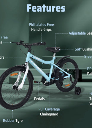 R for Rabbit Vroom Bicycle for Kids Cycle 20T Inches for 7 to 10 Years Boys & Girls with Training Wheels | 90% Installed | Upto 50 Kgs Weight Capacity (Lake Blue) 