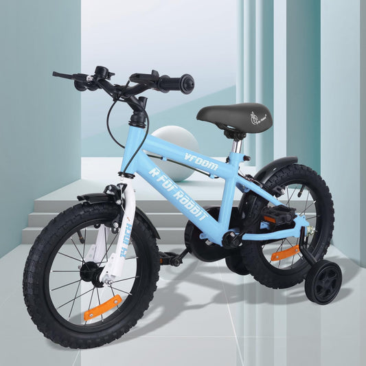 R for Rabbit Vroom Bicycle for Kids Cycle for 3 to 5 Years Boys & Girls 14T Inches | Training Wheels| 90% Installed (Lake Blue) 
