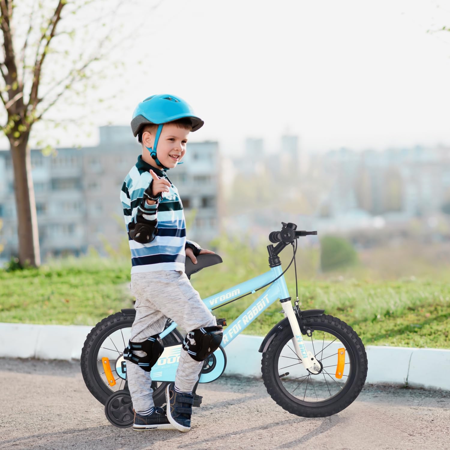 R for Rabbit Vroom Bicycle for Kids Cycle for 3 to 5 Years Boys & Girls 14T Inches | Training Wheels| 90% Installed (Lake Blue) 