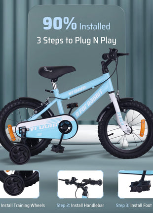 R for Rabbit Vroom Bicycle for Kids Cycle for 3 to 5 Years Boys & Girls 14T Inches | Training Wheels| 90% Installed (Lake Blue) 
