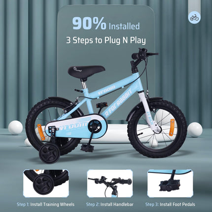 R for Rabbit Vroom Bicycle for Kids Cycle for 3 to 5 Years Boys & Girls 14T Inches | Training Wheels| 90% Installed (Lake Blue) 