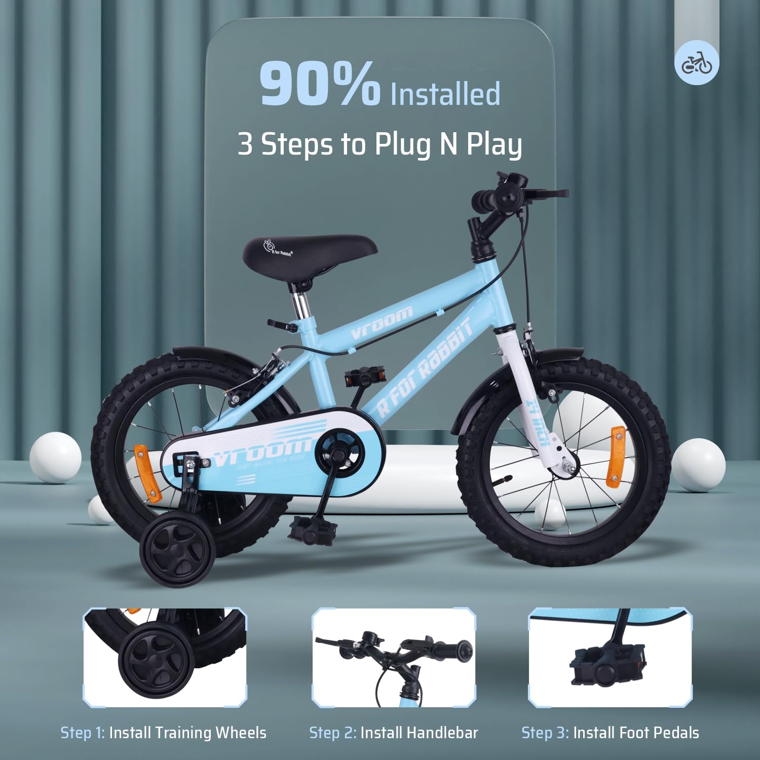 R for Rabbit Vroom Bicycle for Kids Cycle for 3 to 5 Years Boys & Girls 14T Inches | Training Wheels| 90% Installed (Lake Blue) 
