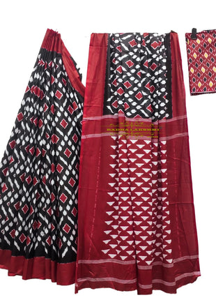RADHA LAKSHMI Handicrafts Women's Ikat Hand Block Print Pure Soft Cotton Mulmul Saree Multi Colour with Blouse Piece (ikkat black red patola) 