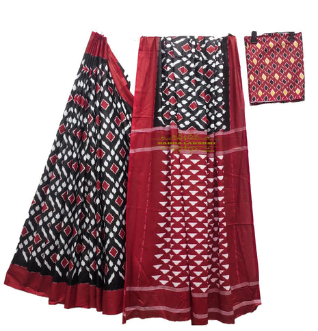 RADHA LAKSHMI Handicrafts Women's Ikat Hand Block Print Pure Soft Cotton Mulmul Saree Multi Colour with Blouse Piece (ikkat black red patola) 