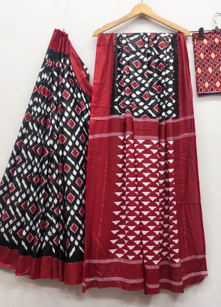 RADHA LAKSHMI Handicrafts Women's Ikat Hand Block Print Pure Soft Cotton Mulmul Saree Multi Colour with Blouse Piece (ikkat black red patola) 