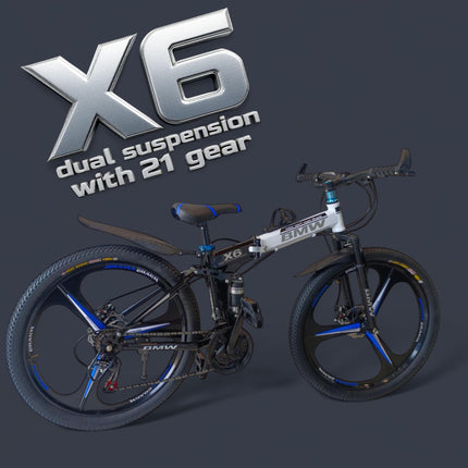 ROAD FASTARS X6 Series 21-Speed Gear Cycle for Men | Foldable 26-Inch Bicycle with 3-Spoke Alloy MacWheels, Dual Disc Brakes & Dual Suspension|Off-Road & City Riding Bike (Black) 