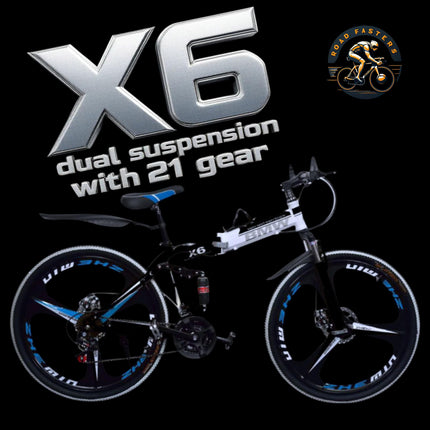 ROAD FASTARS X6 Series 21-Speed Gear Cycle for Men | Foldable 26-Inch Bicycle with 3-Spoke Alloy MacWheels, Dual Disc Brakes & Dual Suspension|Off-Road & City Riding Bike (Black) 