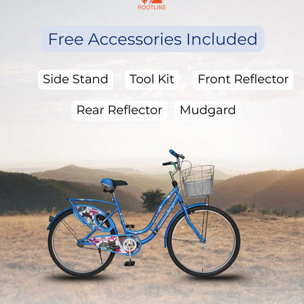 ROOTLINE Alexa Dark Blue Bicycle For Girls/Women With Front Basket And Integrated Carrier | Road Bike | BCP Rim & Handle (Alexa Dark Blue), Frame Size- 18 Inch 