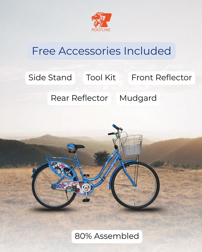 ROOTLINE Alexa Dark Blue Bicycle For Girls/Women With Front Basket And Integrated Carrier | Road Bike | BCP Rim & Handle (Alexa Dark Blue), Frame Size- 18 Inch 