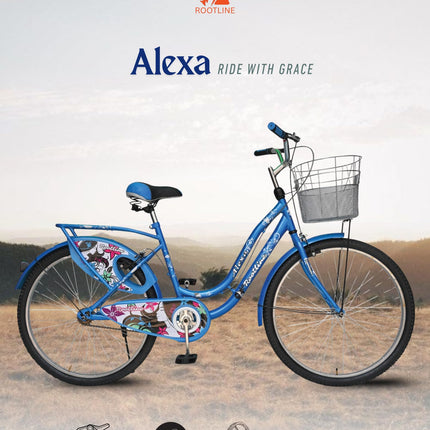 ROOTLINE Alexa Dark Blue Bicycle For Girls/Women With Front Basket And Integrated Carrier | Road Bike | BCP Rim & Handle (Alexa Dark Blue), Frame Size- 18 Inch 