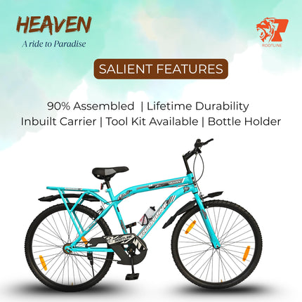 ROOTLINE Heaven 26T with Integrated Carrier & PU Saddle MTB Cycle/Bike Single Speed with Complete Accessories Ideal for 12+ Years (‎Aqua Blue) 