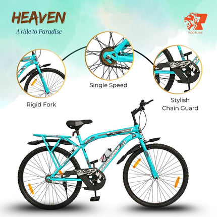 ROOTLINE Heaven 26T with Integrated Carrier & PU Saddle MTB Cycle/Bike Single Speed with Complete Accessories Ideal for 12+ Years (‎Aqua Blue) 