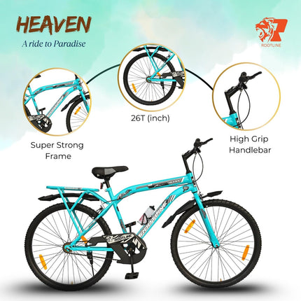 ROOTLINE Heaven 26T with Integrated Carrier & PU Saddle MTB Cycle/Bike Single Speed with Complete Accessories Ideal for 12+ Years (‎Aqua Blue) 