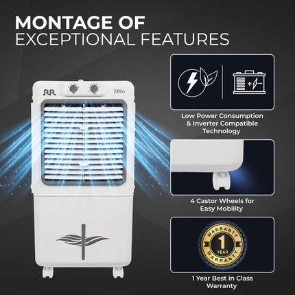 RR Zello 25 Ltr Personal Air Cooler | Cooler with High Air Delivery, Honeycomb Cooling Pads | Room Cooler with Inverter Compatibility| 1 year Warranty | 25L 