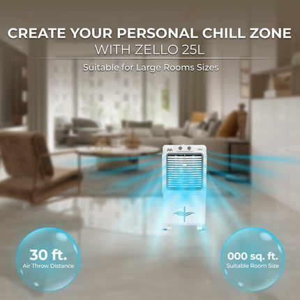 RR Zello 25 Ltr Personal Air Cooler | Cooler with High Air Delivery, Honeycomb Cooling Pads | Room Cooler with Inverter Compatibility| 1 year Warranty | 25L 