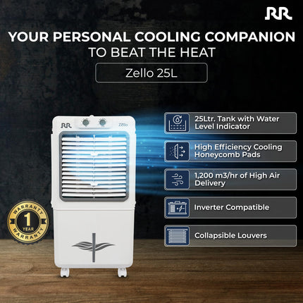 RR Zello 25 Ltr Personal Air Cooler | Cooler with High Air Delivery, Honeycomb Cooling Pads | Room Cooler with Inverter Compatibility| 1 year Warranty | 25L 