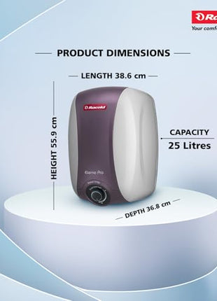 Racold Eterno Pro Storage Water Heater (Geyser) 25L with ABS Body – Corrosion Prevention with Titanium Enameled Coating, 7 Yrs Warranty on Tank, Energy Efficient, Free Standard Installation & Pipes 