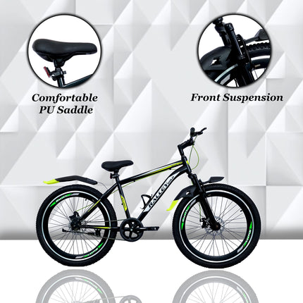 Ralley Jaguar 2.0 26T Full Size Bicycle | Front Suspension | Dual Disc Brakes | Triple Wall Alloy Rims | Single Speed | Matt Finish | Non Gear Cycle (Black/Green) 