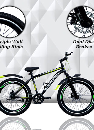 Ralley Jaguar 2.0 26T Full Size Bicycle | Front Suspension | Dual Disc Brakes | Triple Wall Alloy Rims | Single Speed | Matt Finish | Non Gear Cycle (Black/Green) 