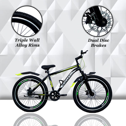 Ralley Jaguar 2.0 26T Full Size Bicycle | Front Suspension | Dual Disc Brakes | Triple Wall Alloy Rims | Single Speed | Matt Finish | Non Gear Cycle (Black/Green) 
