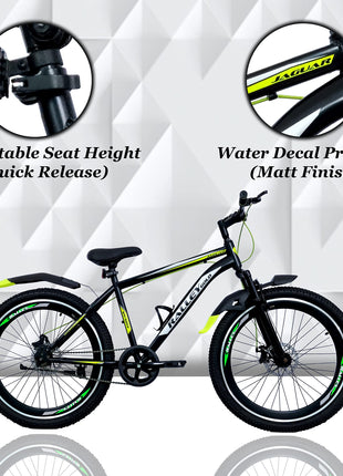 Ralley Jaguar 2.0 26T Full Size Bicycle | Front Suspension | Dual Disc Brakes | Triple Wall Alloy Rims | Single Speed | Matt Finish | Non Gear Cycle (Black/Green) 