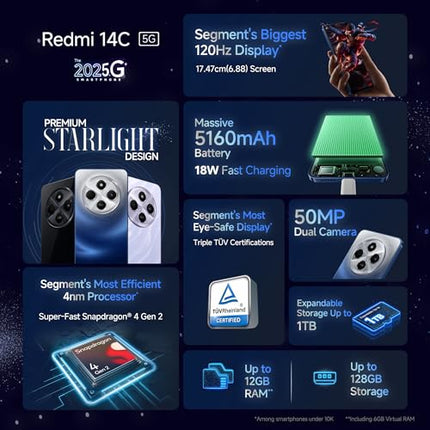 Redmi 14C 5G (Starlight Blue, 6GB RAM, 128GB Storage) | Superfast 4nm Snapdragon 4 Gen 2 | 120Hz 17.47cm (6.88”) Display | 5160mAh Battery | 50MP Dual Camera | Premium Starlight Design 