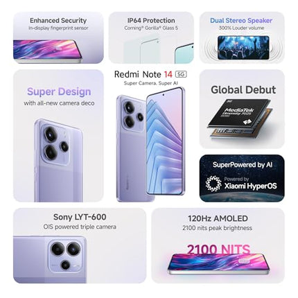 Redmi Note 14 5G (Phantom Purple, 8GB RAM 128GB Storage) | Global Debut MTK Dimensity 7025 Ultra | 2100 nits Segment Brightest 120Hz AMOLED | 50MP Sony LYT 600 OIS+EIS Triple Camera 
