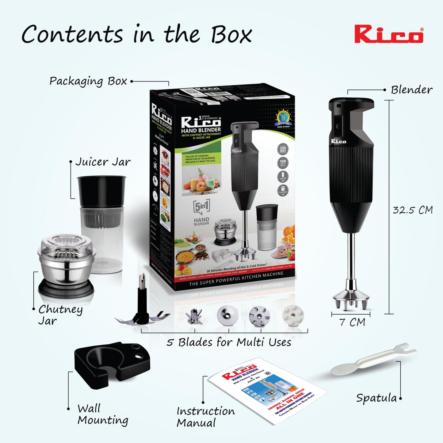 Rico Heavy Duty Portable Hand Blender For Kitchen | 2 Years Replacement Warranty | 5 Blades for Making Juice, Chutney, Smoothie, Whipping & Chopper for Easy Cutting | Non Seed Crushing Juicer Blade 